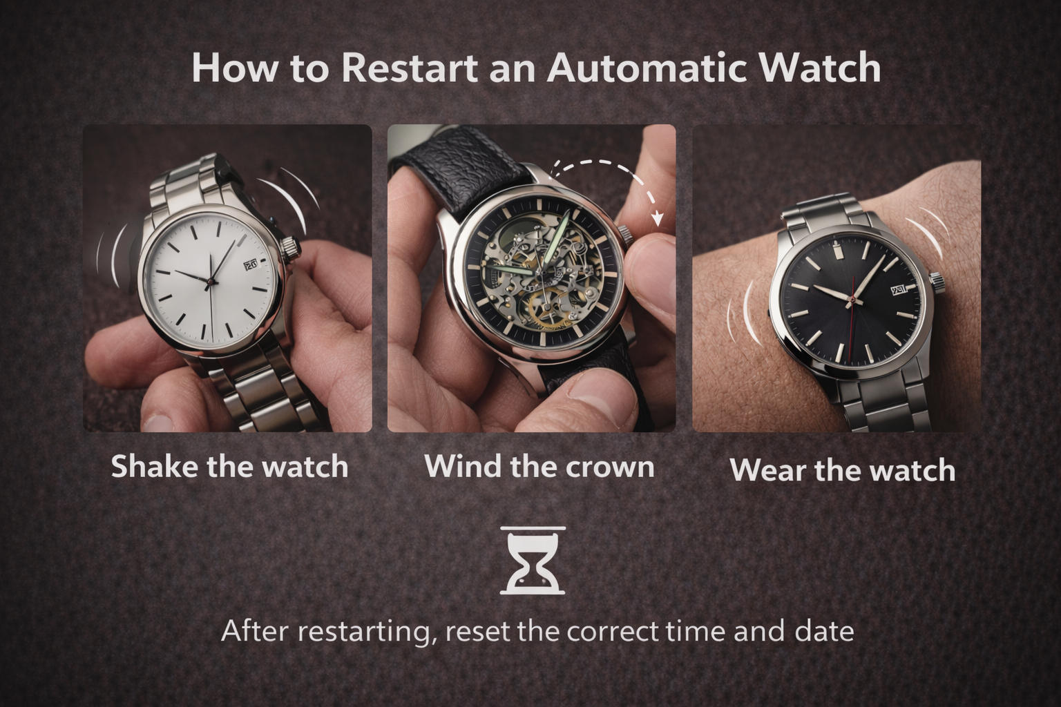 Steps to restart an automatic watch including shaking the watch, winding the crown and wearing it