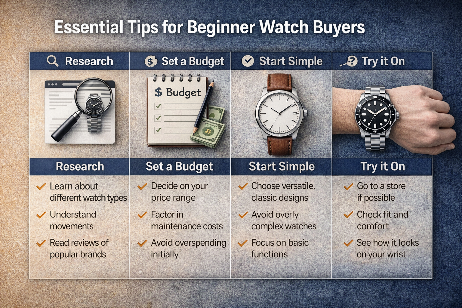 Essential tips for beginner watch buyers including research, budget, simplicity, and fit