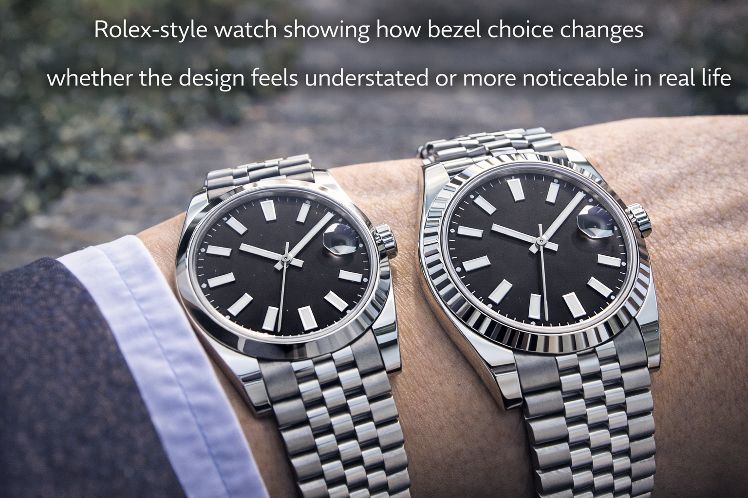 Rolex-style watch showing how bezel choice changes whether the design feels understated or more noticeable in real life