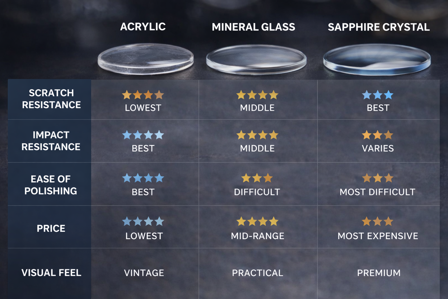 Comparison chart of acrylic, mineral glass, and sapphire watch crystals by scratch resistance, impact resistance, polishing ease, price, and visual feel