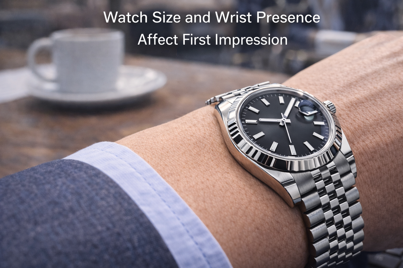 Luxury-style watch on wrist showing how size and wrist presence affect first impression in daily life