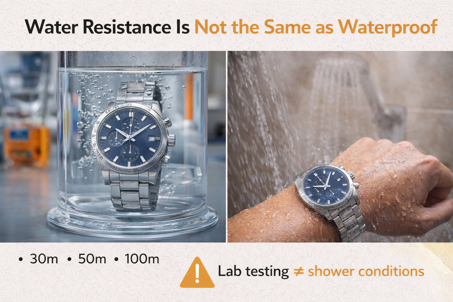 Comparison between laboratory water resistance testing and real shower conditions, showing 30m, 50m, and 100m watch ratings.