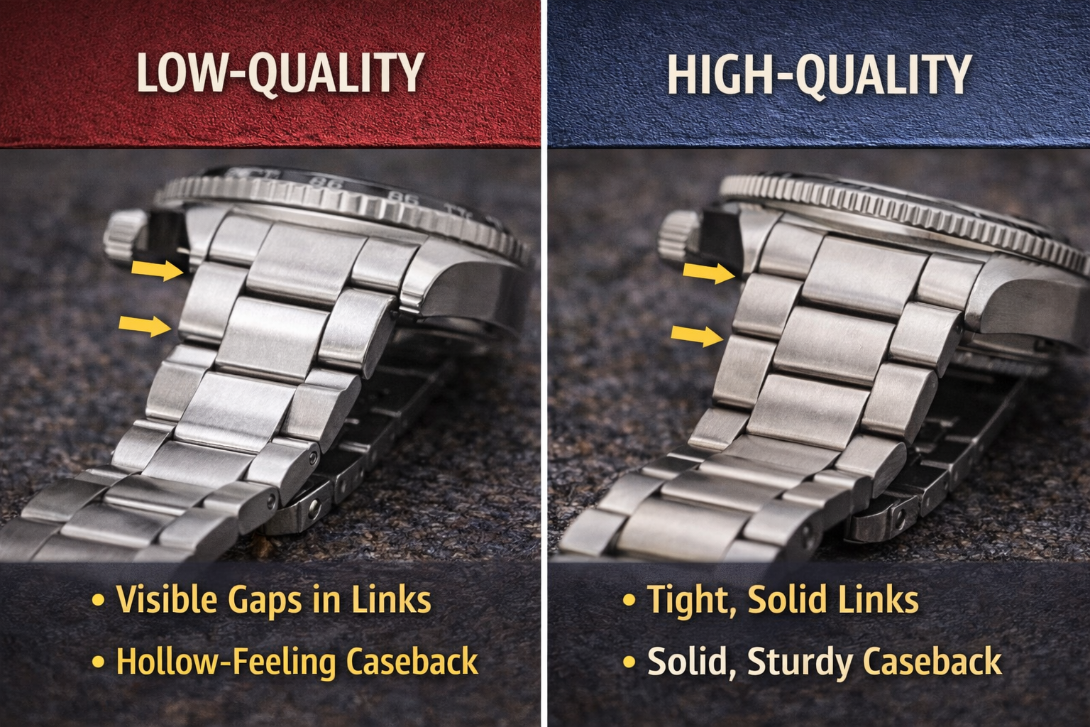 Low-quality versus high-quality watch bracelet and case construction comparison showing link gaps and solid finishing