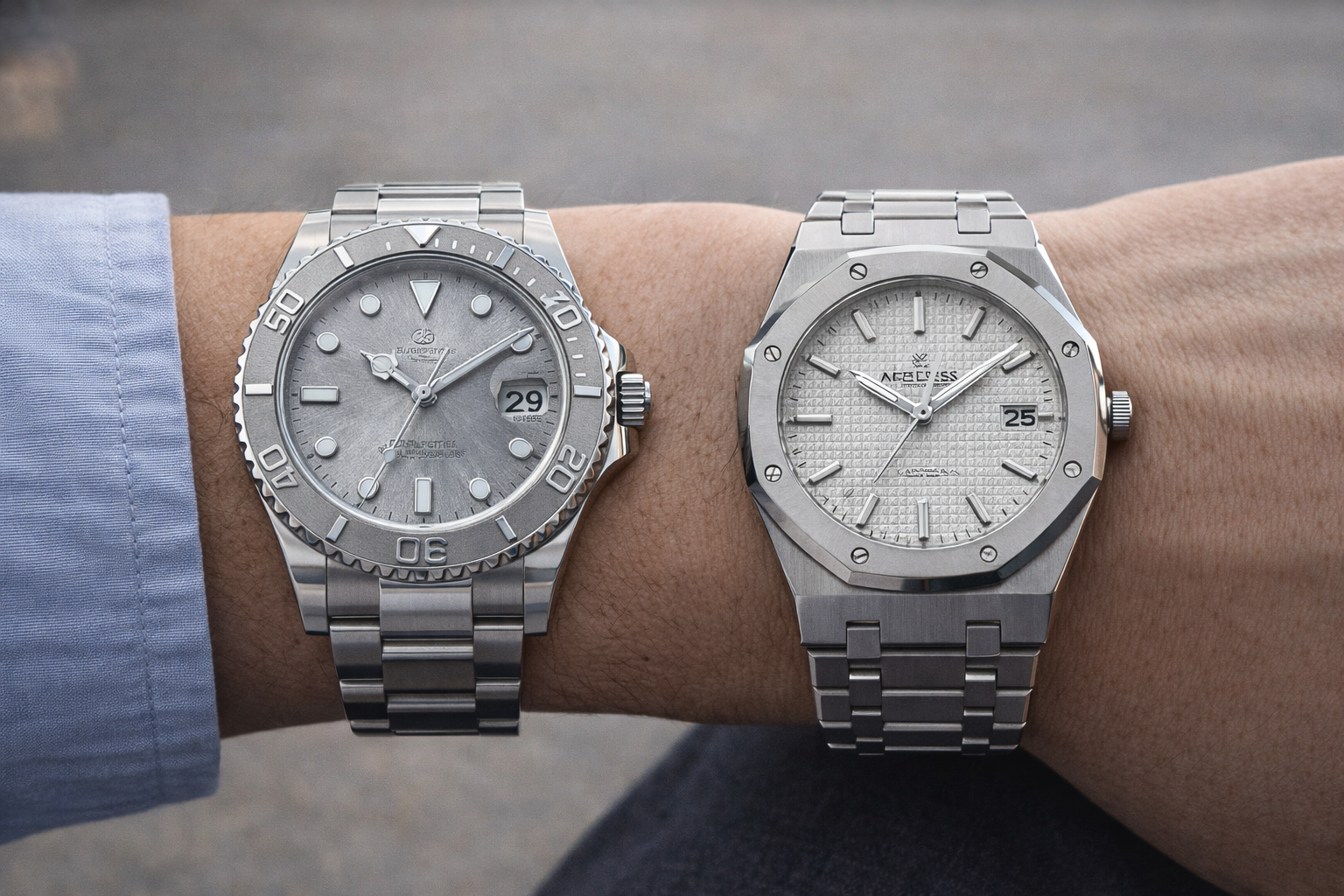 Rolex-style and AP-style watches compared side by side showing wrist presence and overall design balance