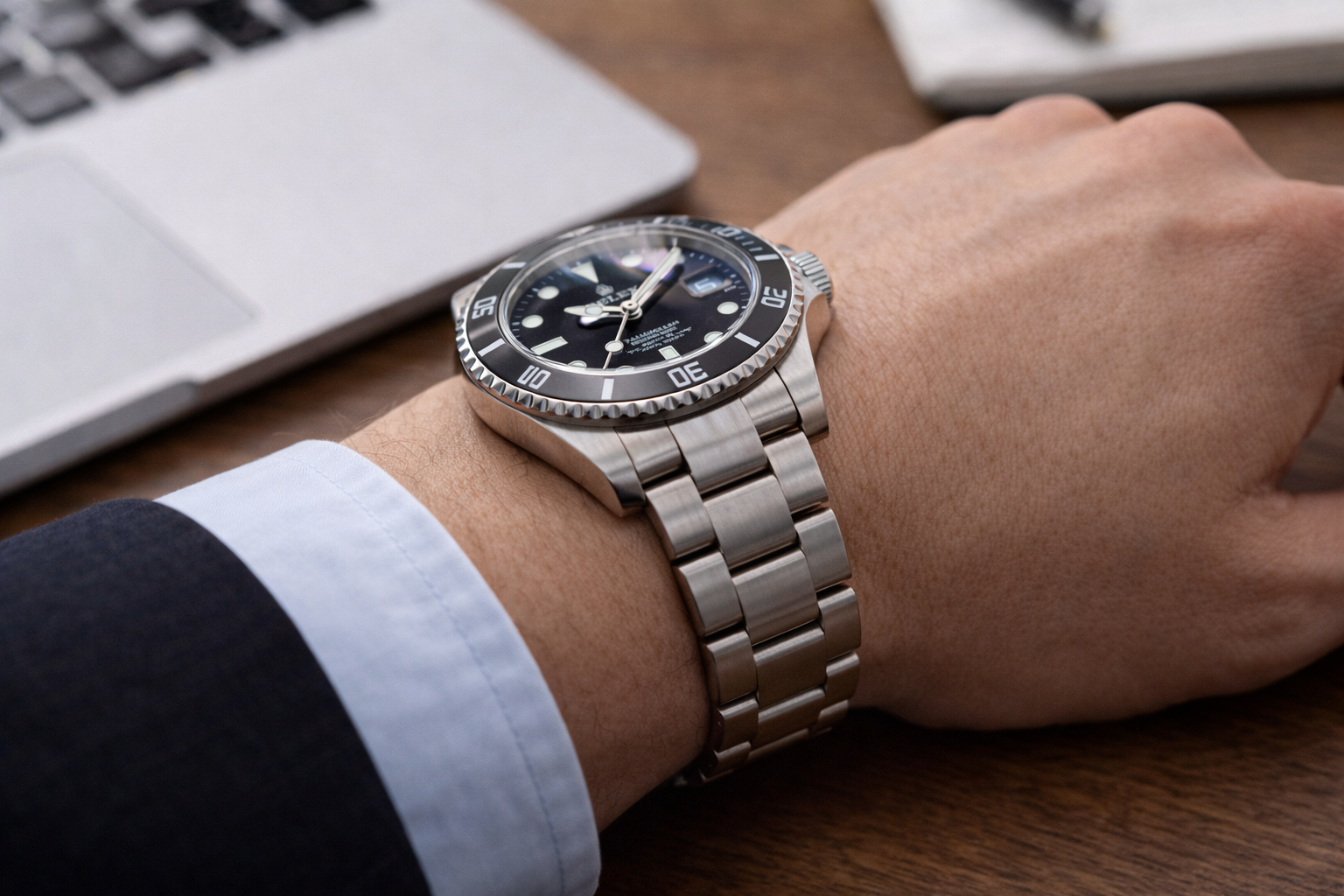 Submariner-style watch shown in desk commute and quick time check scenarios