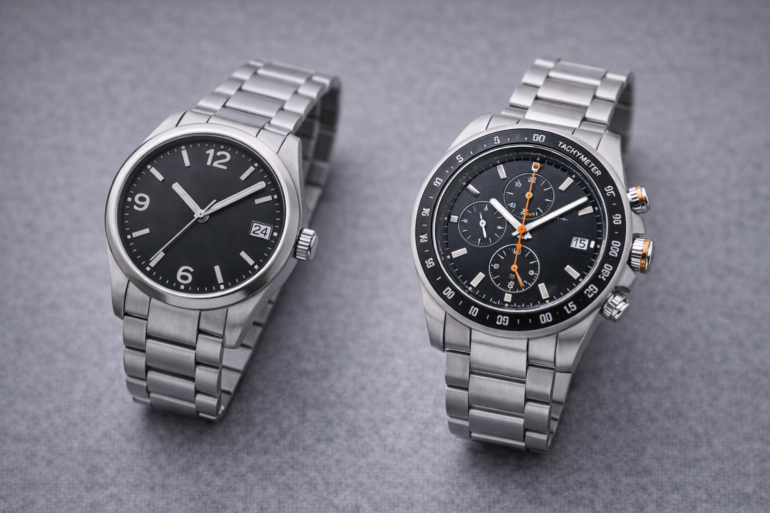 Clean watch with a date window and a more feature-heavy watch displayed side by side to compare everyday practicality