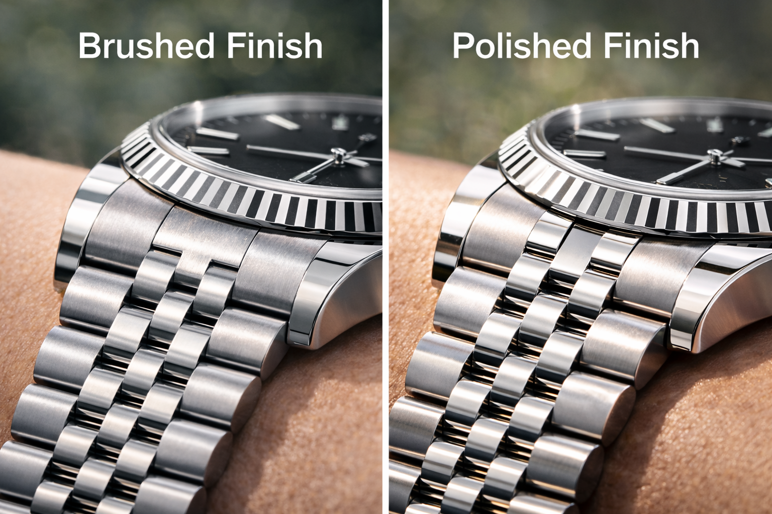 Luxury-style watch case and bracelet finishing shown in daylight to compare brushed and polished reflections during daily wear