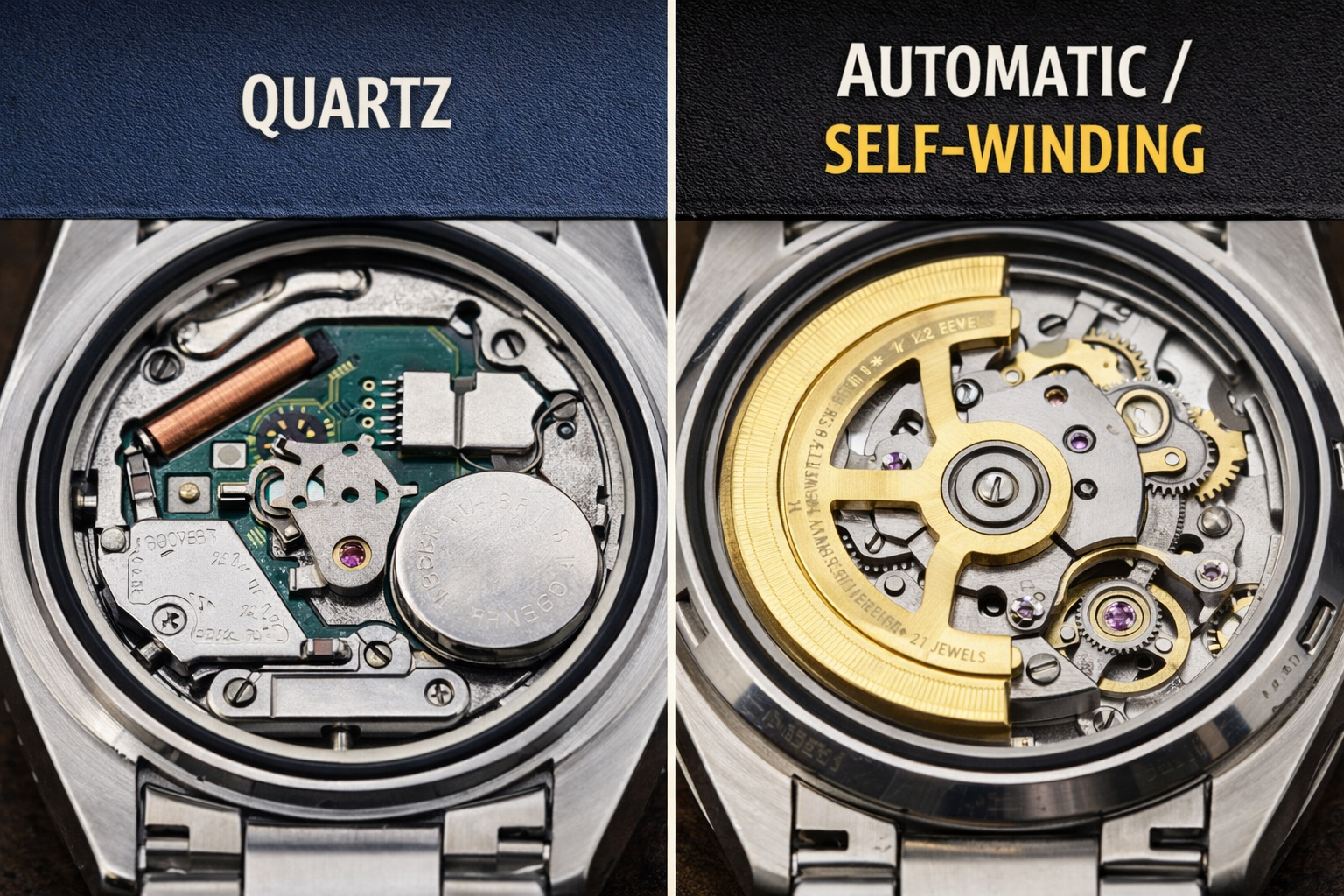 Comparison between quartz and automatic watch movements showing internal components and mechanical rotor system